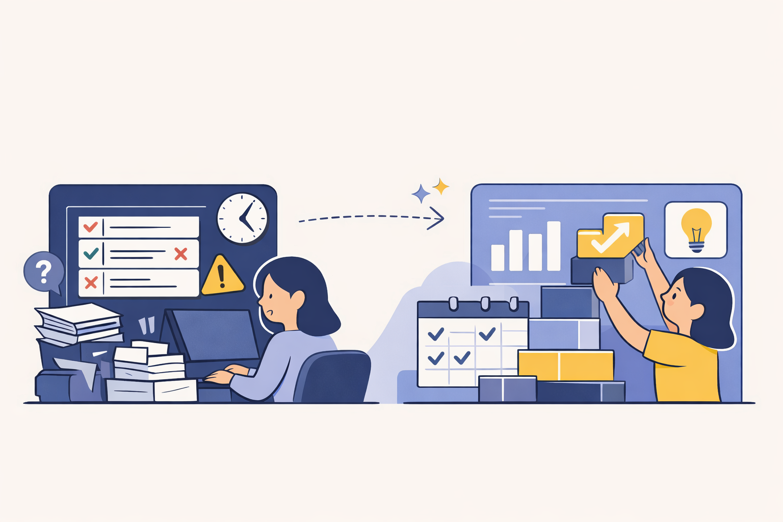 Minimalist illustration showing a transition from a cluttered workplace system to a structured executive functioning framework with organized modules and dashboard elements.
